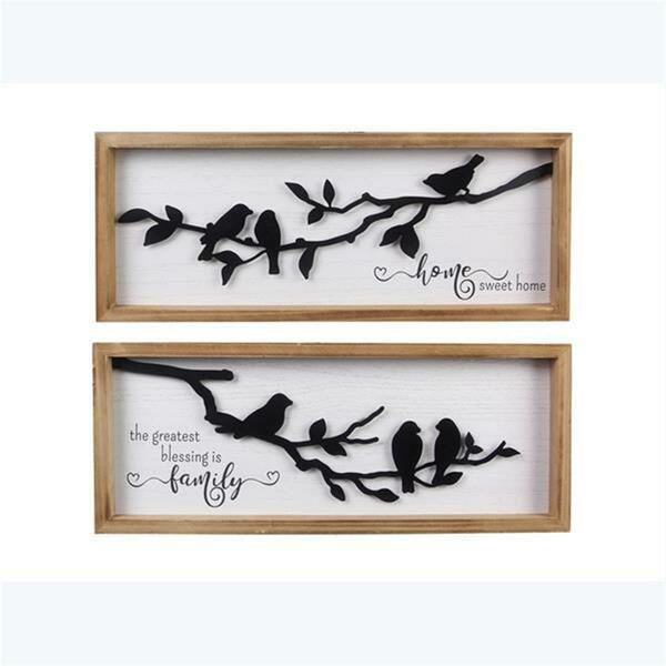 Youngs Wood Framed Wall Sign with Metal Bird Design, Assorted Color - 2 Piece 21138
